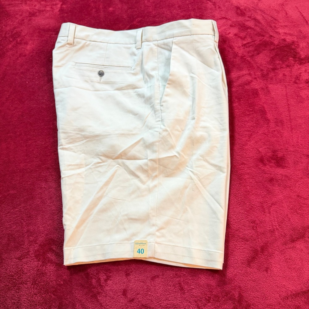 Caribbean Mens Flat Front Shorts Size 40 Off White Cream Stretch Tropical Lining